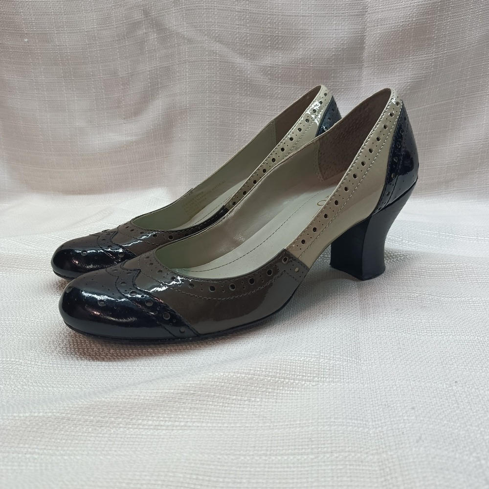 Franco Sarto Brandy Heels Women's‎ 6M Black Gray Wing Tip Office Formal Leather